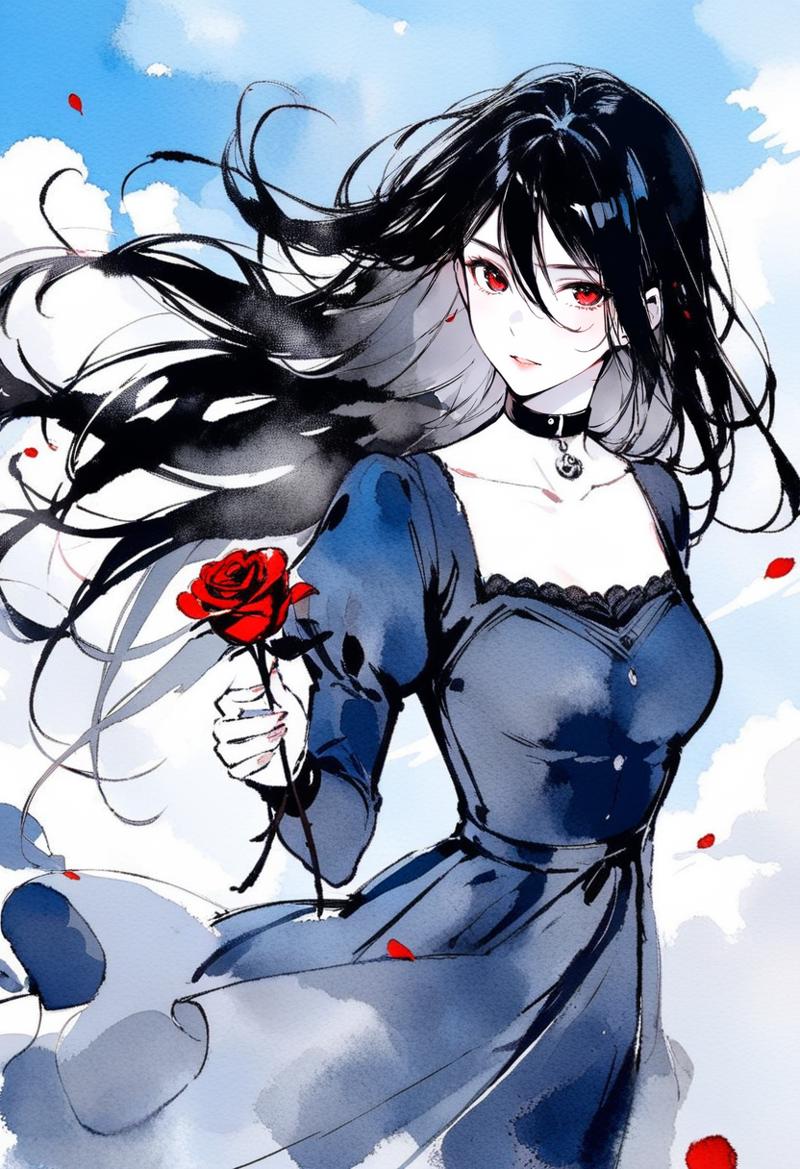 01109-3207046112-masterpiece, best quality,_lora_inkXL_ANI31_lokr_V43P1_0.95_monochrome, watercolor, 1girl, solo, flower, red eyes, holding, rose.png